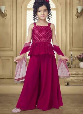 Pink Embroidered Rayon Girls Top Bottom 2