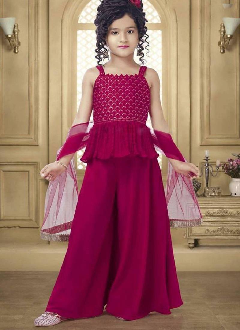 Pink Embroidered Rayon Girls Top Bottom