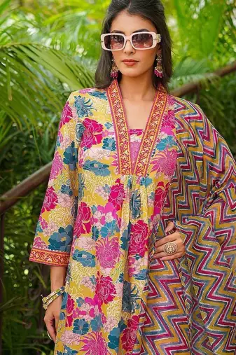 Women Yellow Rayon Blend Floral Printed Straight Kurta Palazzos With Dupatta