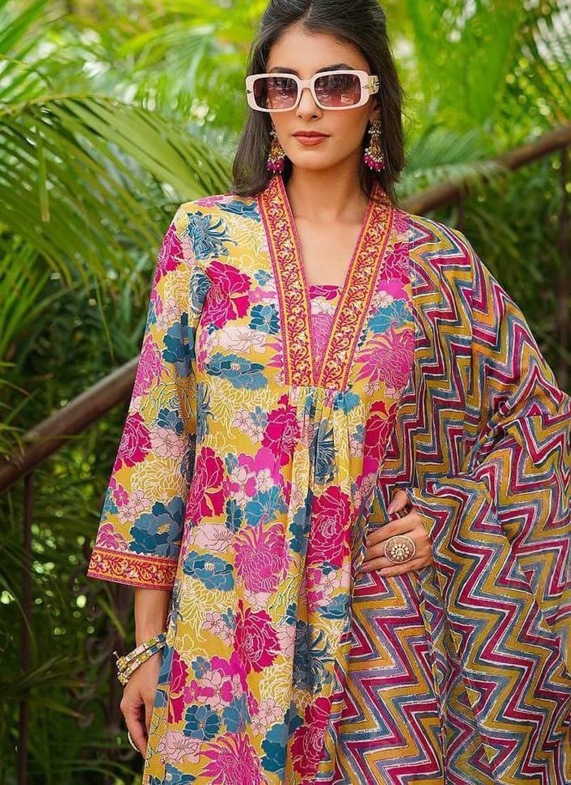 Women Yellow Rayon Blend Floral Printed Straight Kurta Palazzos With Dupatta