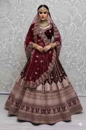 dark maroon velvet bridal lehenga set choli with dupatta with dupatta