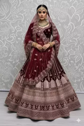dark maroon velvet bridal lehenga set choli with dupatta with dupatta