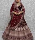 dark maroon velvet bridal lehenga set choli with dupatta with dupatta