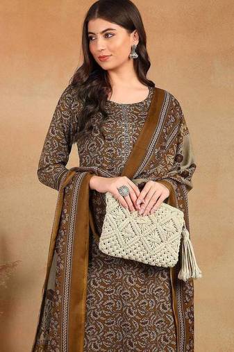 Women Brown Rayon Blend Ethnic Motifs Printed Straight Kurta Trouser With Dupatta