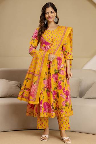 Orange Pure Cotton Floral Print Beads Embroidery Work Anarkali Kurta Pant with Dupatta