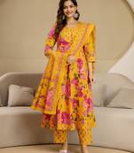 Orange Pure Cotton Floral Print Beads Embroidery Work Anarkali Kurta Pant with Dupatta