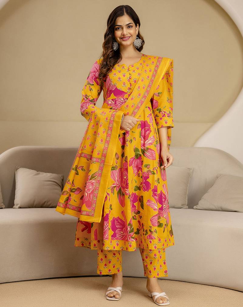 Orange Pure Cotton Floral Print Beads Embroidery Work Anarkali Kurta Pant with Dupatta