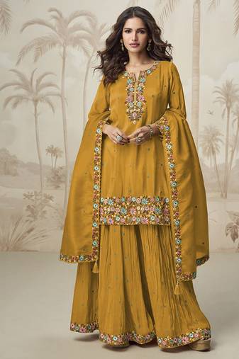 Mustard  roman simar embroidered palazzo suit 