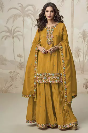 Mustard  roman simar embroidered palazzo suit 