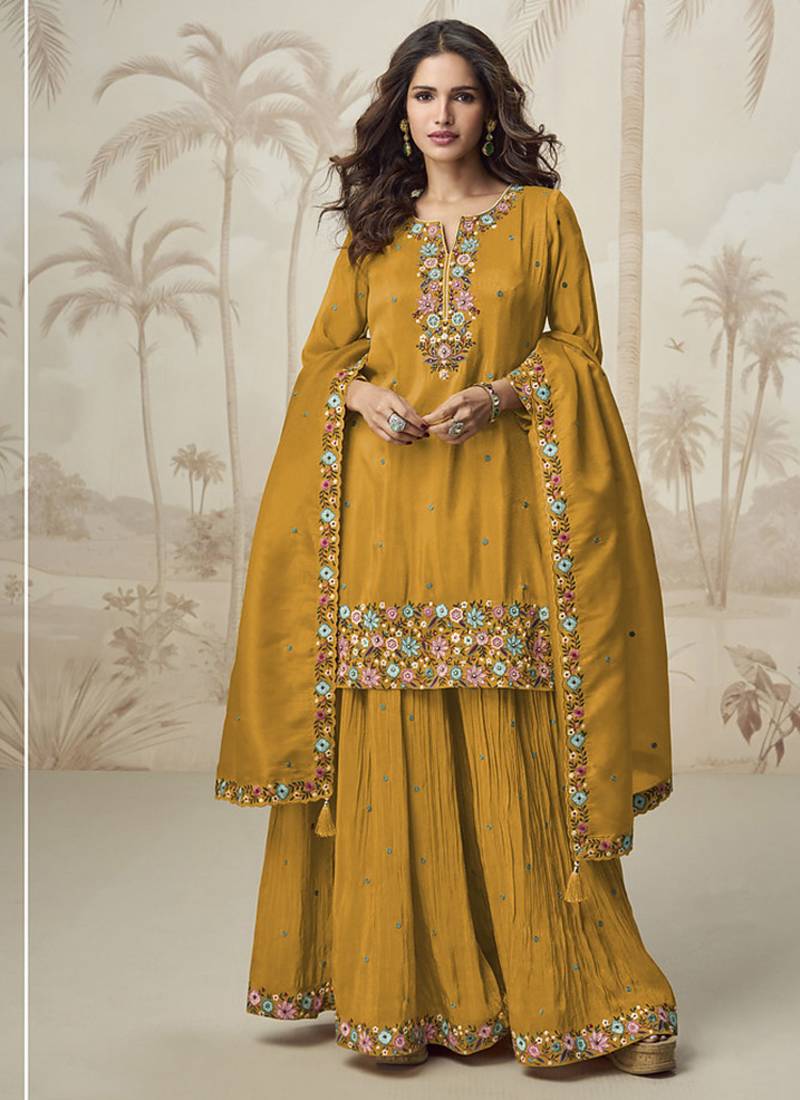Mustard  roman simar embroidered palazzo suit 