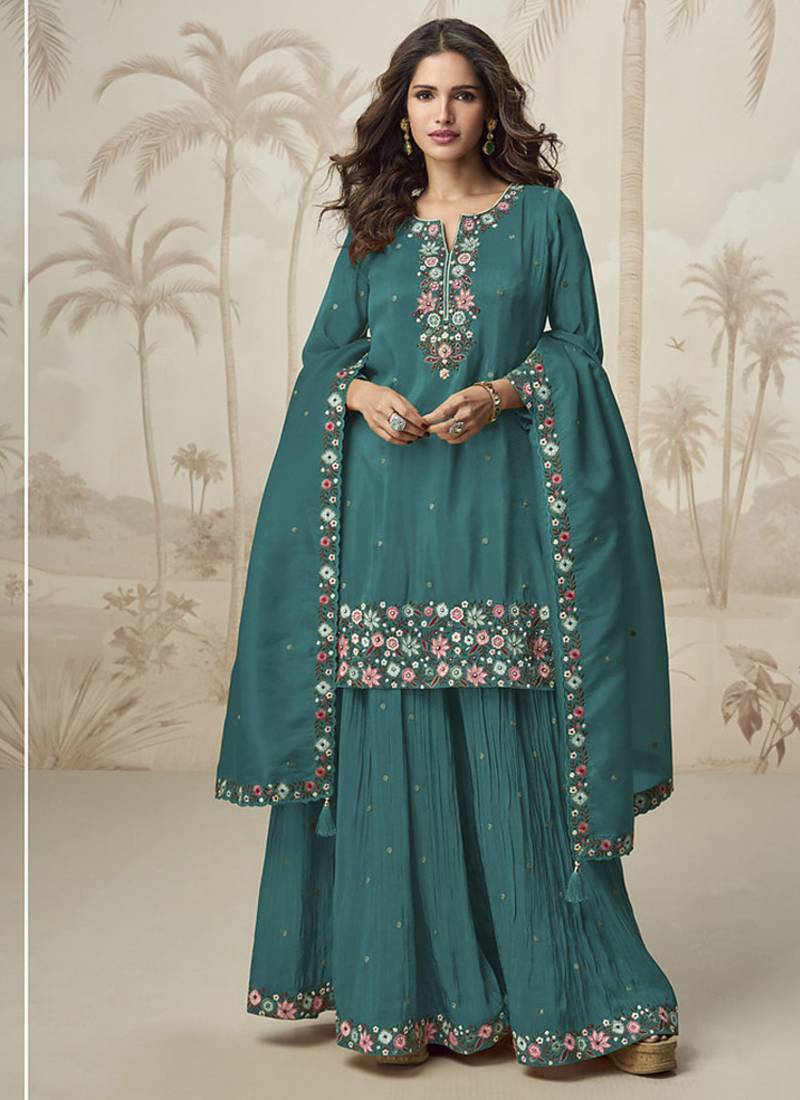 Teal blue roman simar embroidered palazzo suit 