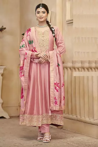 Baby pink color vichitra silk anarkali suit