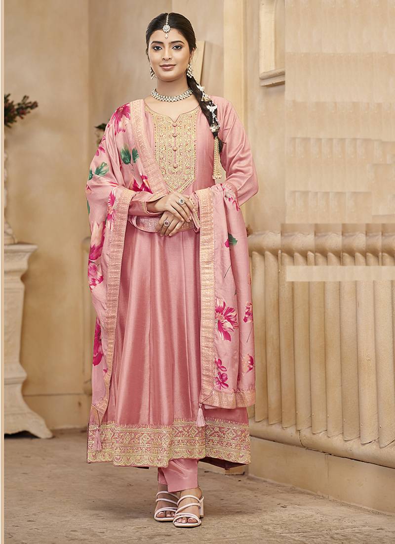 Baby pink color vichitra silk anarkali suit