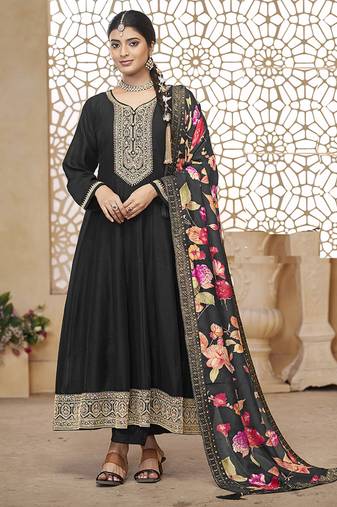 Black color vichitra silk anarkali suit