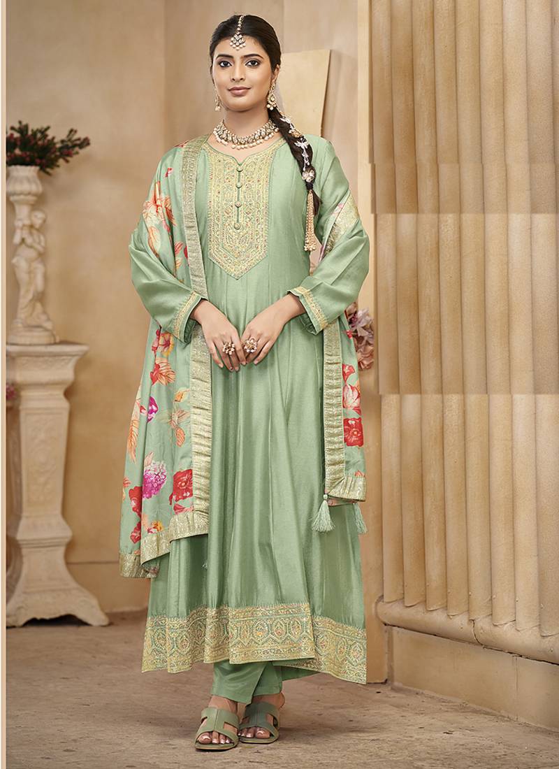 Sea green color vichitra silk anarkali suit