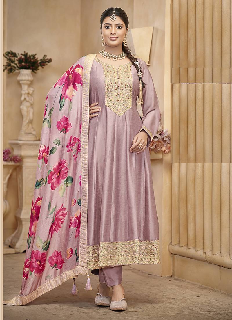 Onion pink color vichitra silk anarkali suit