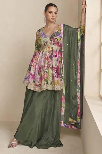 Mehendi green color chinon silk palazzo set  