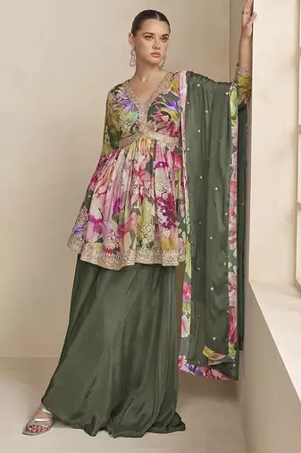 Mehendi green color chinon silk palazzo set  