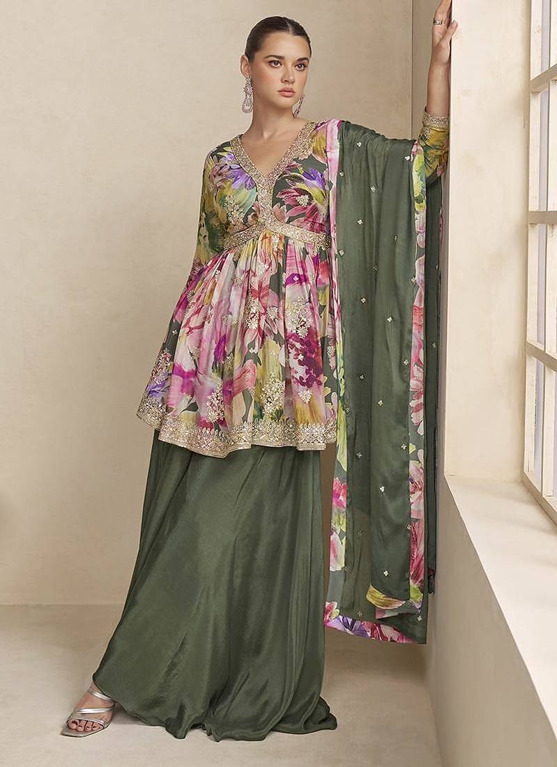 Mehendi green color chinon silk palazzo set  
