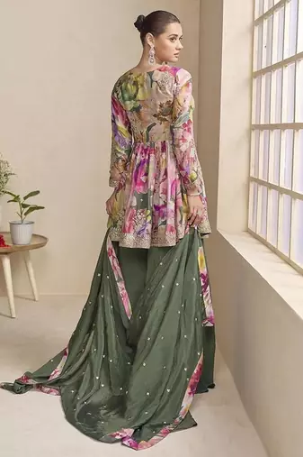 Mehendi green color chinon silk palazzo set 