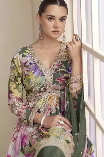 Mehendi green color chinon silk palazzo set 