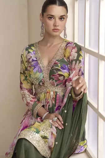 Mehendi green color chinon silk palazzo set 