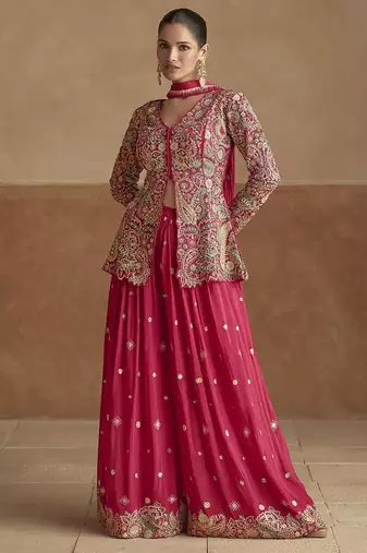 Dark pink color chinon silk palazzo set 