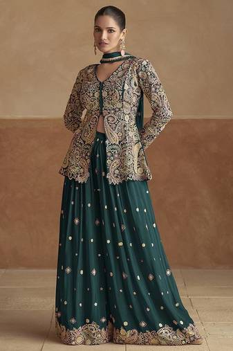 Dark green color chinon silk palazzo set 