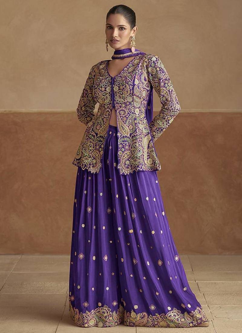 Violet color chinon silk palazzo set 