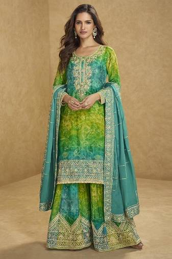 Light green color chinon silk sharara suit  