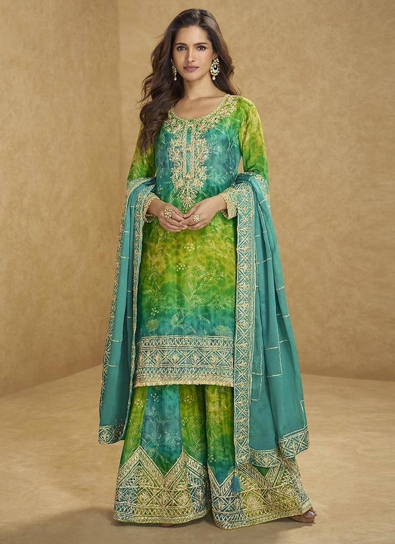 Light green color chinon silk sharara suit  