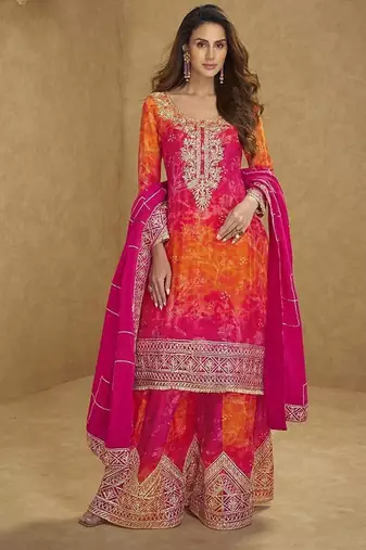 Pink color chinon silk sharara suit  