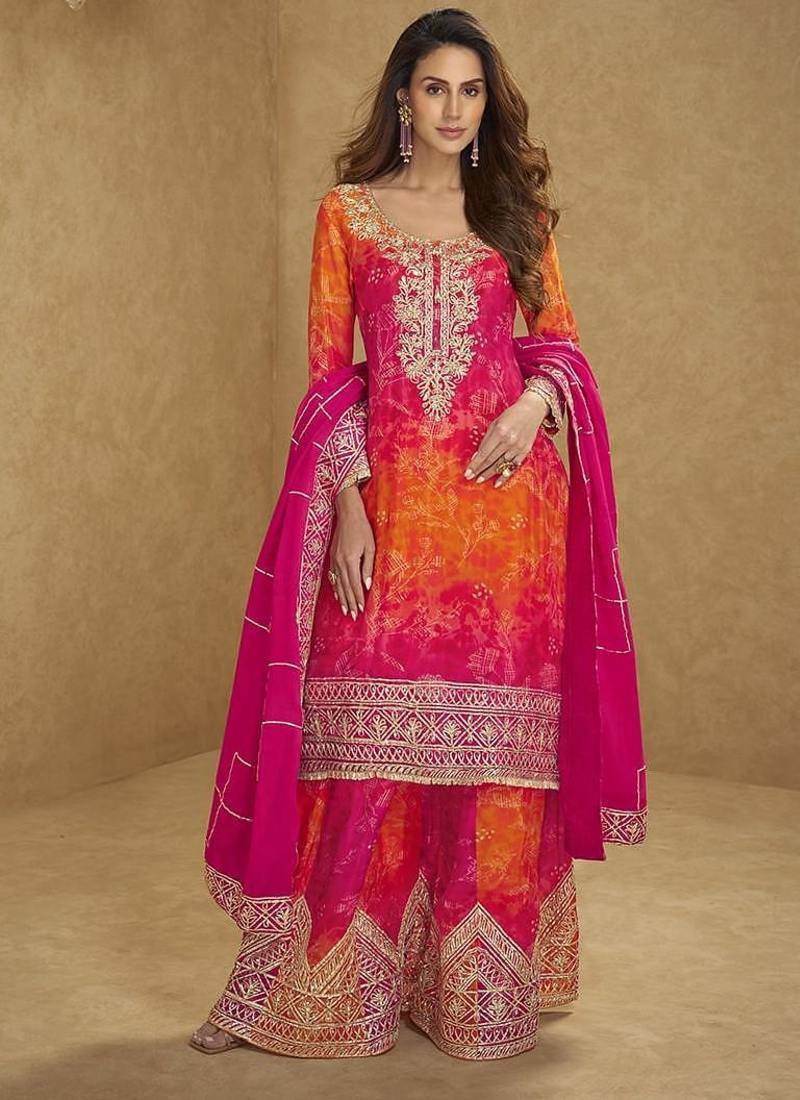 Pink color chinon silk sharara suit  