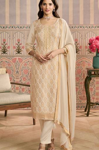 Cream embroidred shimmer jacquard salwar suit
