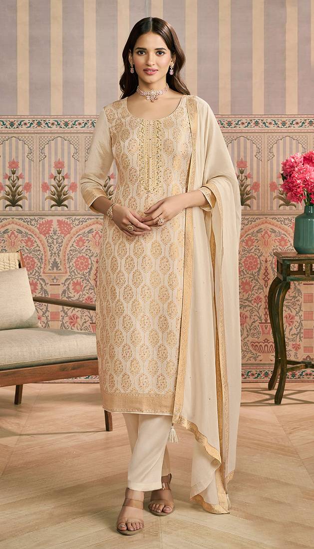 Cream embroidred shimmer jacquard salwar suit