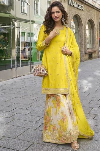Yellow color chinon silk sharara suit 