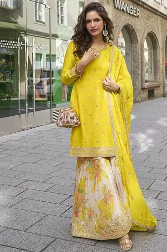 Yellow color chinon silk sharara suit 