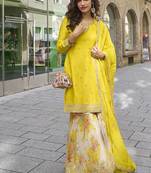 Yellow color chinon silk sharara suit 
