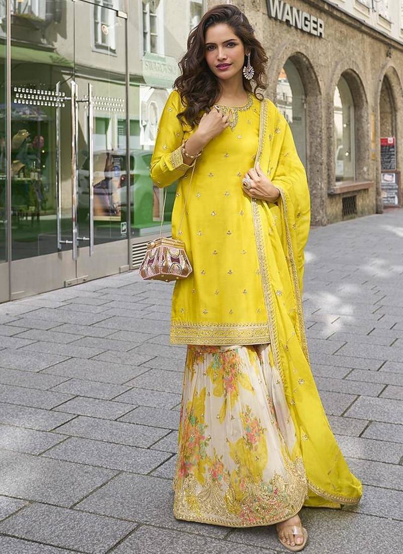 Yellow color chinon silk sharara suit 
