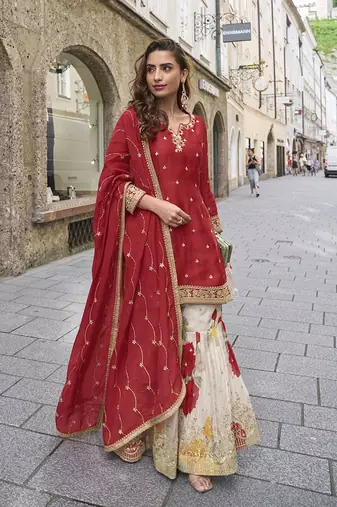 Red color chinon silk sharara suit 