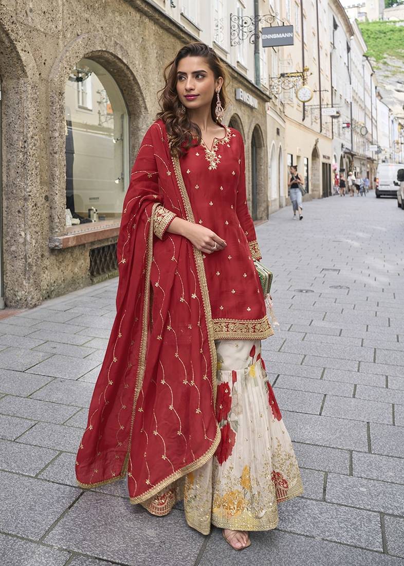 Red color chinon silk sharara suit 