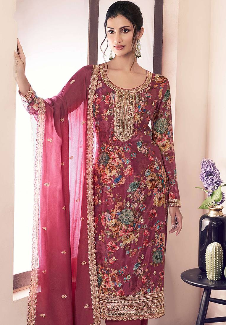 Pink chinon silk digital print salwar suit
