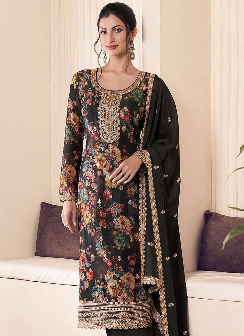 Black chinon silk digital print salwar suit