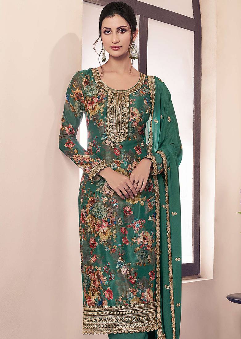 Dark green chinon silk digital print salwar suit