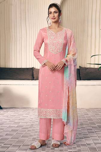 Light pink color monga silk embroidered suit