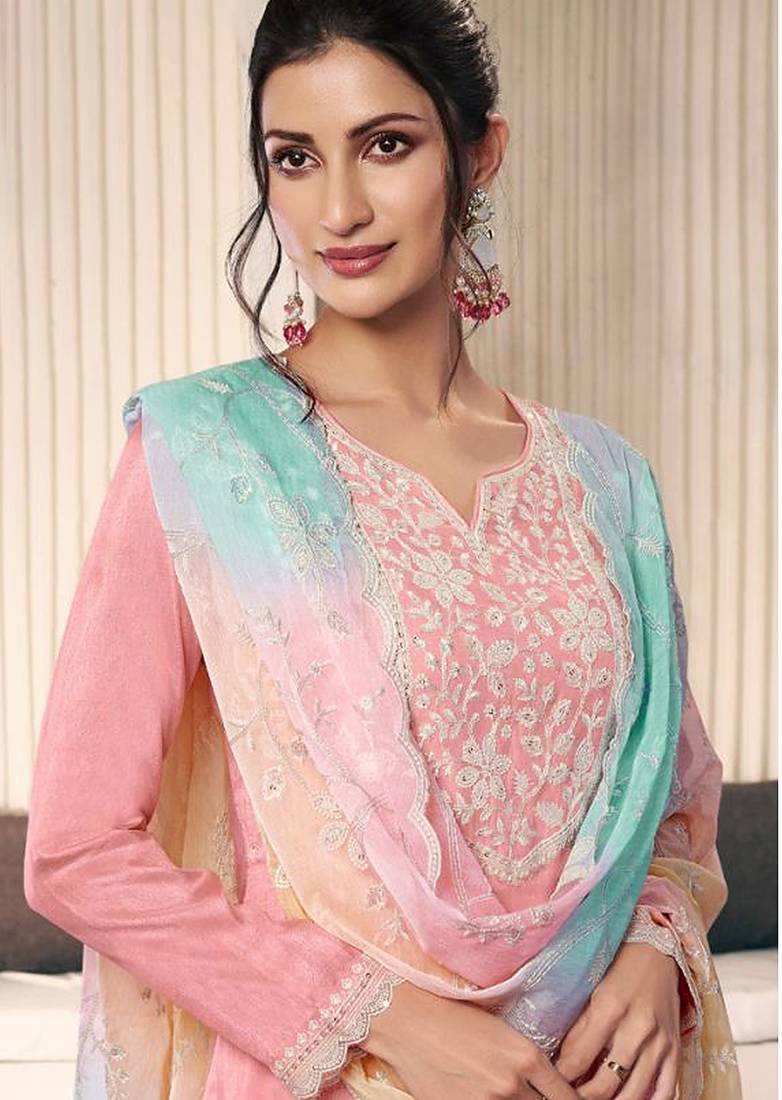 Light pink color monga silk embroidered suit