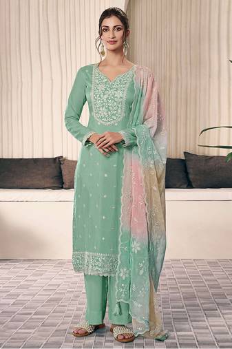 Sea green color monga silk embroidered suit