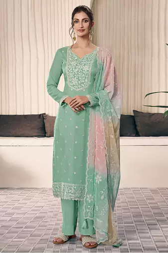 Sea green color monga silk embroidered suit