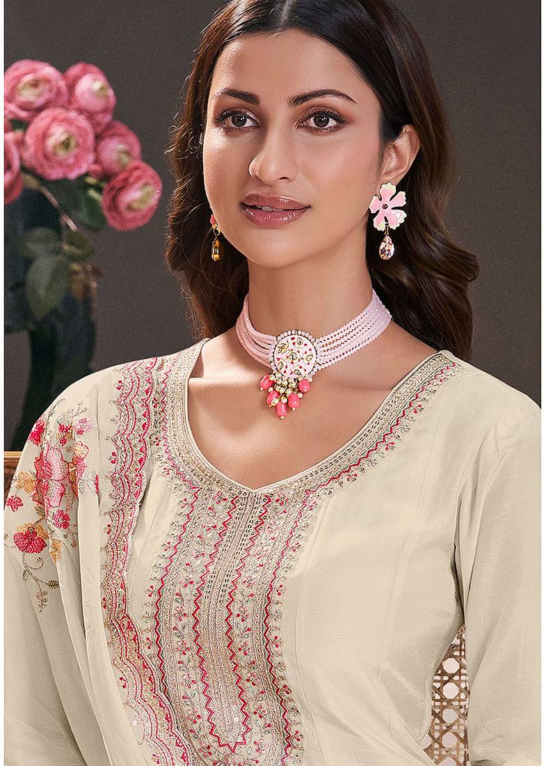 Off white monga silk embroidered  anarkali suit