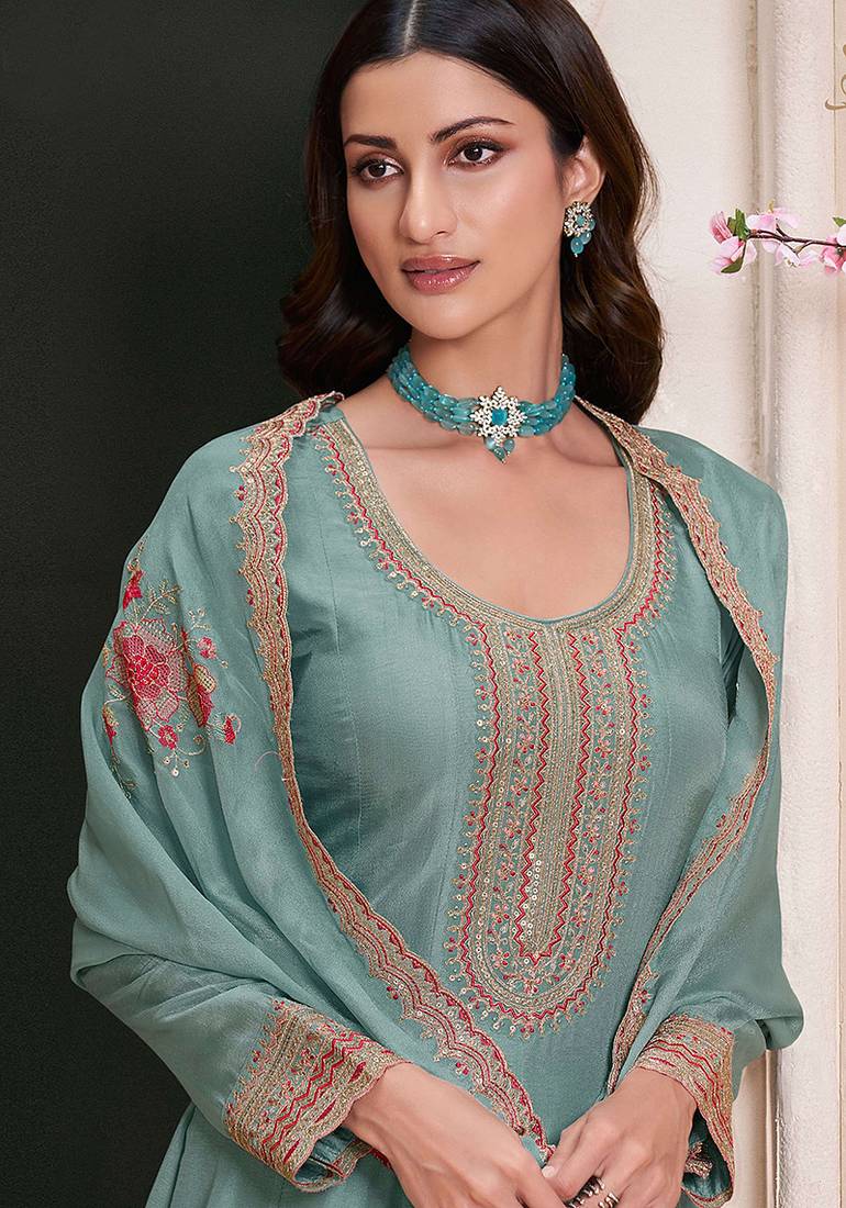 Aqua blue monga silk embroidered  anarkali suit